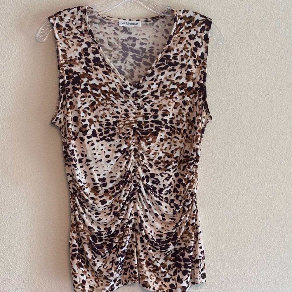 EUC Calvin Klein Women’s Purple & Brown Cream Ruched Sleeveless Top SZ - M